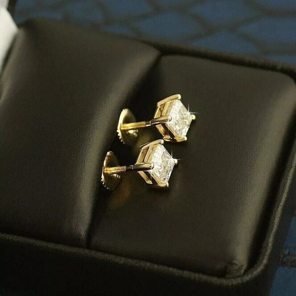 2Ct Asscher Cut Lab Created Diamond Women's Stud Earrings 14k Yellow Gold Plated - Image 4 of 4