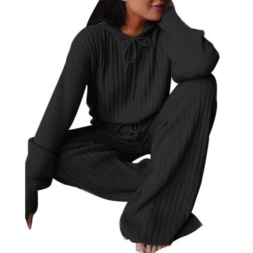 Outfits zweiteiliges Set Freizeitanzug Damenanzug Strickpyjama süß einfarbig mit Kapuze - Bild 3 von 22