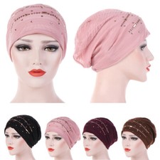Muslim Women Mesh Beaded Head Wrap Turban Arab Islamic Hijab Headscarf Chemo Cap
