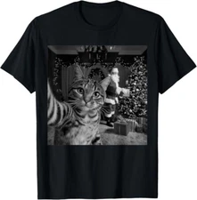 Meow Christmas Cute Cat Holiday Funny Xmas Cat Santa Selfie T-Shirt , Unisex Tee