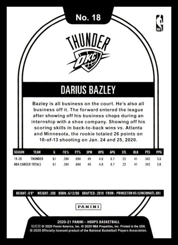 Tarjeta de baloncesto Hoops Darius Bazley #18 2020 Oklahoma City Thunder - Imagen 2 de 2