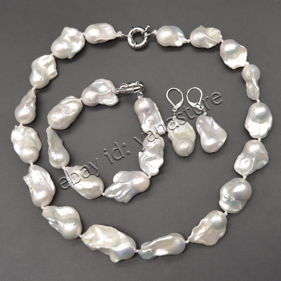 Riesige Natürliche Weiß Südsee Barock Keshi Perle Halskette Armband Ohrringe Set - Bild 3 von 4