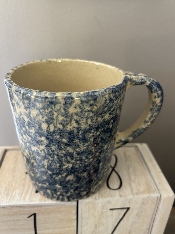 Roseville Pottery Blue Spongeware Coffee Mug Cup Vintage R.R.P. Co Ohio USA NEW