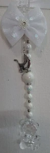 *new*white inisex pram charm with Clear  Beads With white Bow With silver pram