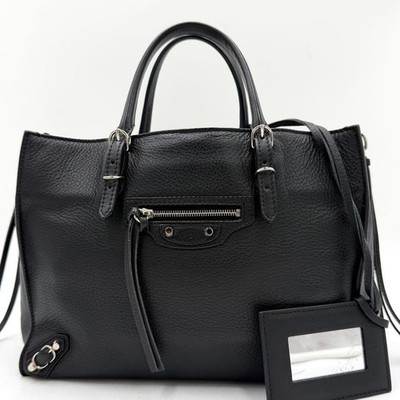 BALENCIAGA Papier Zip Around Leather Handbag Tote Bag Black Used W/Mirror Italy