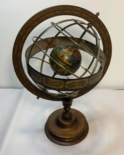 Vintage Armillary Sphere Astrolabe Globe Old World Wood Brass Made In Italy 14"