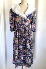 Vtg Cottagecore Dress Sz M Floral 80s English Prairie Garden Lace Collar Cottage