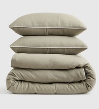 Quince King/Cal K European Linen Piped Duvet Cover Sham Set Willowleaf/ White