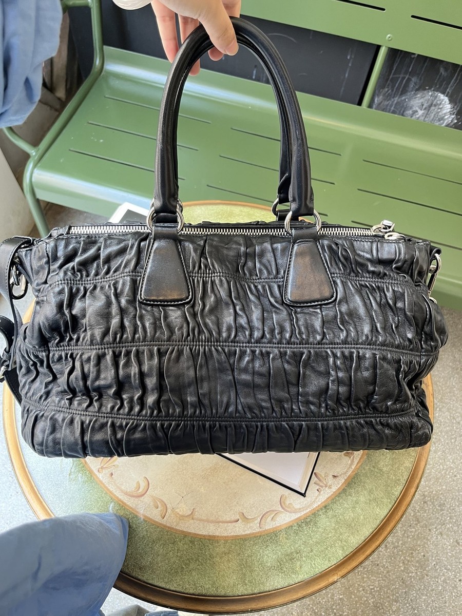 Auth Prada Nappa Gaufre Gathered Leather Black 2Way Shoulder Hand