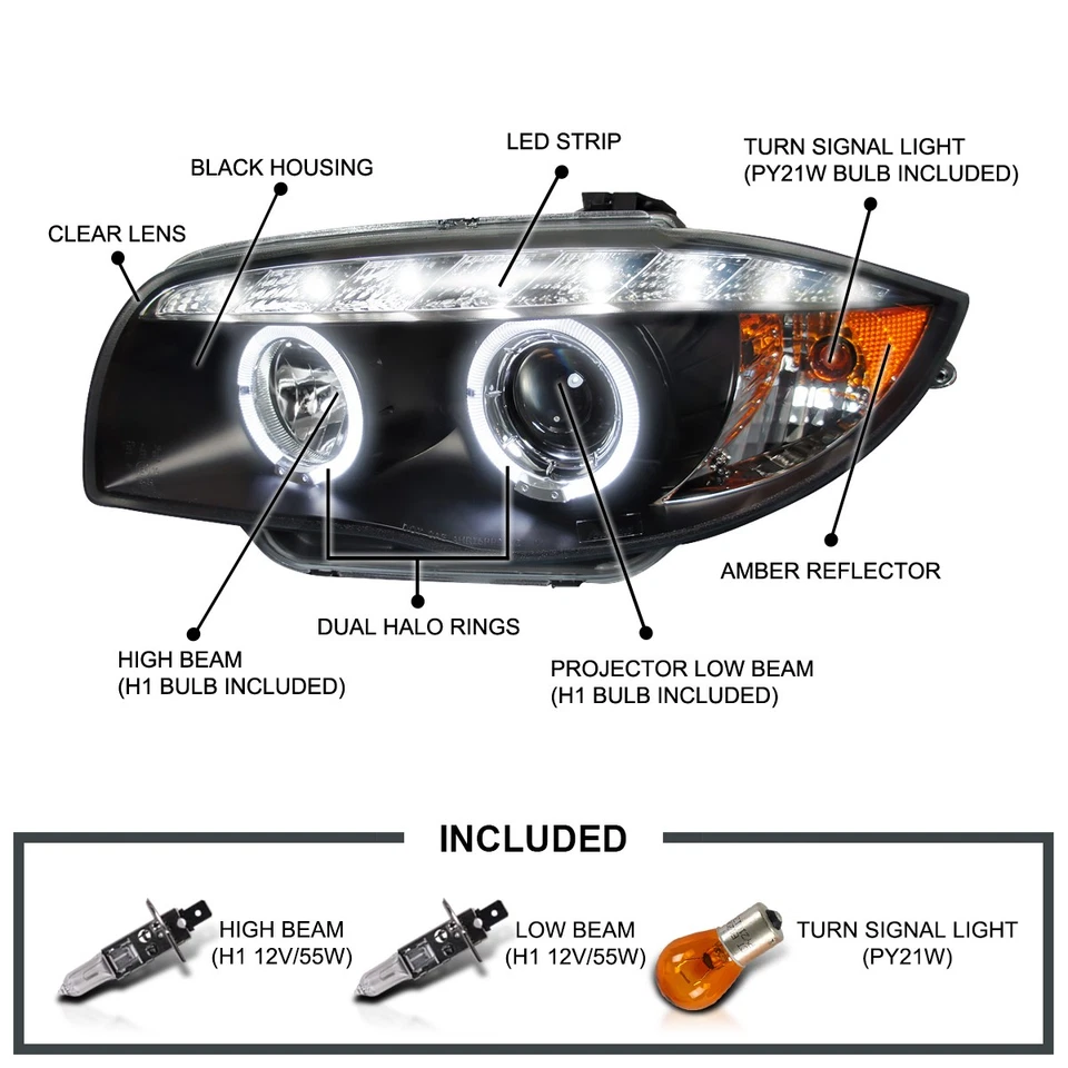 Black Fits 2007-2013 BMW E81 E82 E88 E87 LED Halo Projector Headlights Lamps - Изображение 3 из 4