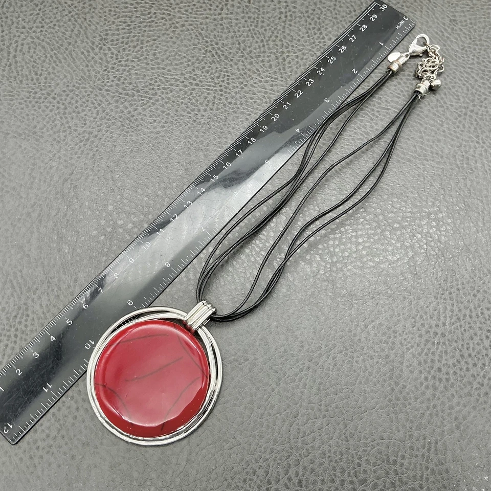 Chico's Statement Pendant Necklace Red Resin Silver Tone Multistrand Black Cord - Image 3 of 4
