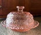 Vtg Jeanette Depression Glass Buttons & Bows, Holiday Pink Lidded Butter Dish 6"