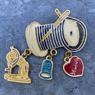 Vintage Sewing Enamel Pin Spool Of Thread +grandmas Sweater pin. Multi Color