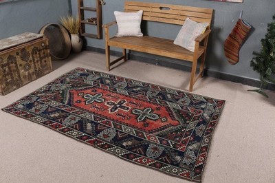 4,1x6,8 ft Turkish Vintage Rug, Area Rug, Red Blue Moroccan Wool Rug