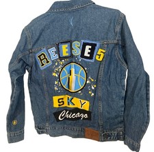 Angel Reese Chicago Sky Denim Jacket Women Large Blue FISLL Graffiti Paint WNBA