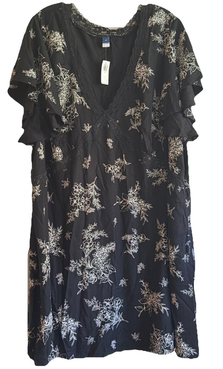 old navy women's fit & flare crepe lace-trim mini dress Old Navy Fit & Flare Crepe Lace-Trim Mini Dress Sz 4X Black/White Floral  NWT