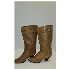 Vntg 80s 90s Light Tan Genuine Soft Leather Boots 8M Wood Heel Faux Buckle