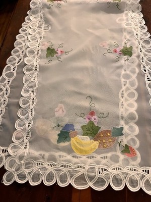 VTG Sheer Madeira Fruit & Flowers Embroidery Table Runner Cottagecore 17'' x 52''