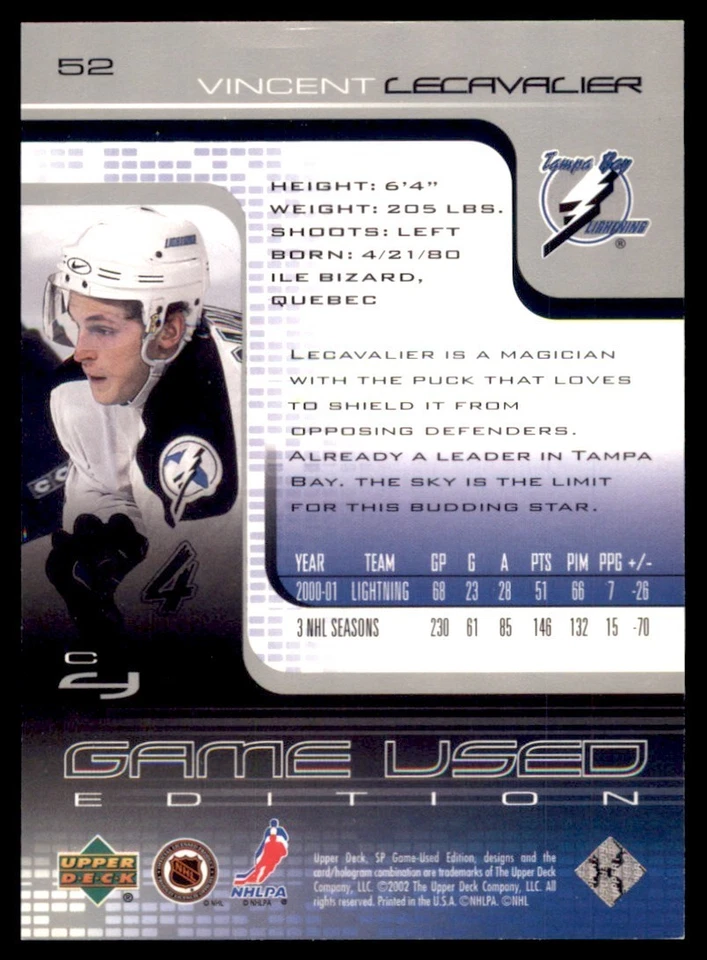 2001-02 SP Game Used #52 Vincent Lecavalier Lightning - Image 2 of 2