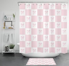 Geometric Checkered White and Pink Bow Shower Curtain Set for Bathroom Decor