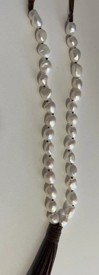 美丽的淡水珍珠棕色皮革项链流苏珍珠扣 22 英寸 — 第 3/4 张图片