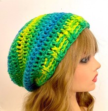 SLOUCHY BEANIE HAT BLUE GREEN STRIPE  TEXTURED EDGE ACRYLIC HANDMADE CROCHET
