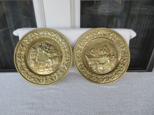 SET OF 2 Vintage Round Solid Brass Embossed 11.75" WALL PLAQUE HANGERS  CLEAN 