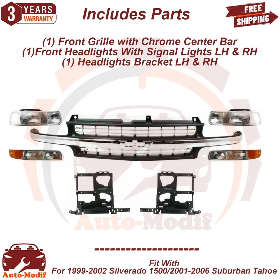 Grille Assembly & Lights &Brackets For 99-02 Silverado 1500/01-06 Suburban Tahoe Foto 2 de 4