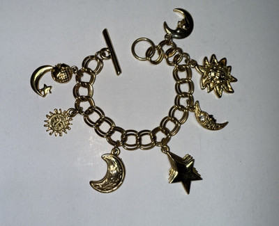 Celestial Sun Moon Star Charm Bracelet Gold Tone, Rhinestone Toggle Clasp 7 