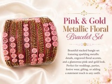 Women  s Pink  Gold Metallic Floral Bracelet Set