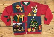 VTG Alexandra Bartlett Eagle’s Eye Xmas Sweater M Cat Train Tree Hand Knit 90s