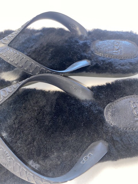 UGG Fluffie Black Fur Flip Flops Womens Size 6 | eBay