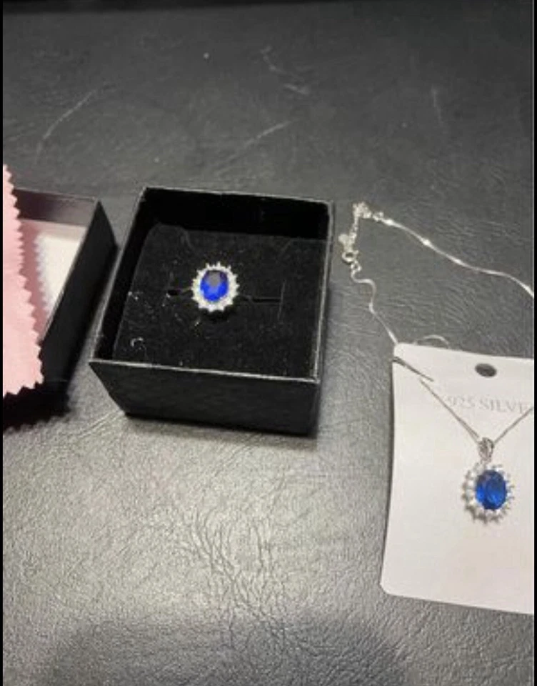 925 Silver Blue Sapphire Ring Bracelet Necklace Jewelry Set - Image 2 of 4