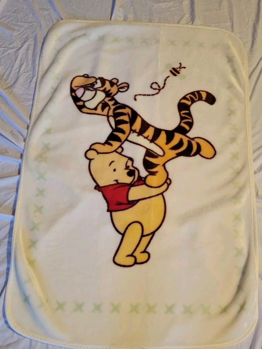 Vtg Disney Winnie The Pooh and Tigger Baby Blanket Throw Crown Craft Cream