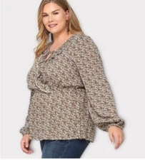 Women's Plus Size 1X Ruffle Brown Print Long Sleeve Wrap Blouse By GiGiO USA 