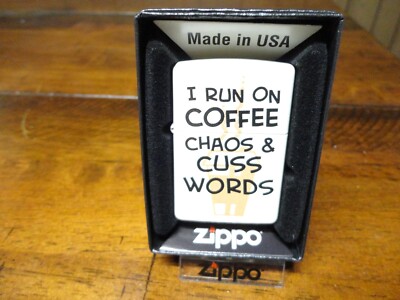 I RUN ON COFFEE CHAOS & CUSS WORDS COMICAL ZIPPO LIGHTER MINT IN BOX