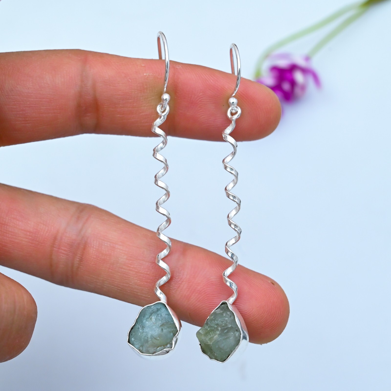Raw Prehnite Gemstone Earrings 925 Sterling Silver Handmade Birthstone Jewelry