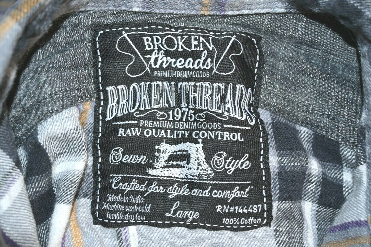 Broken Threads Snap Closure Long Sleeve Shirt Size L 100% Cotton