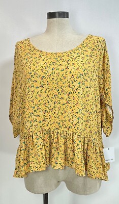 O'NEILL Wynde Crop Top Sz S Yellow Floral Asymmetric Peplum Ruffle Viscose Woven