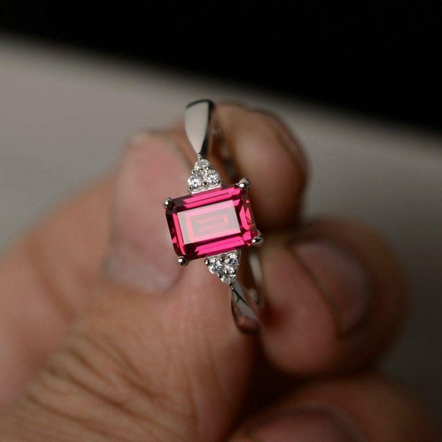 1.9ct Emerald Cut Pink Ruby Engagement Ring 14k White Gold Over Accent