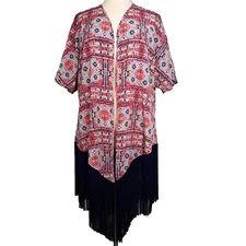Liberty Love Kimono Womens XL Floral Coverup Cardigan Fringe Boho Tribal Artsy