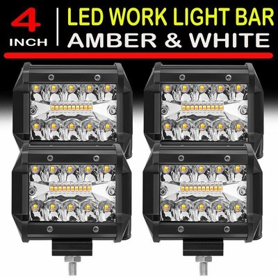 4x 4 Inch LED Work Cube Light Bar Pod White & Amber Strobe Lamp for Pickup SUV