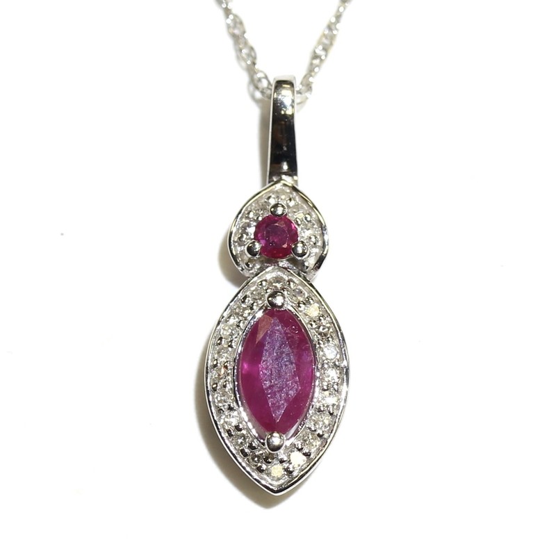 New 10k white gold .10ct VS1 G diamond Natural ruby pendant necklace 1.2g 18"
