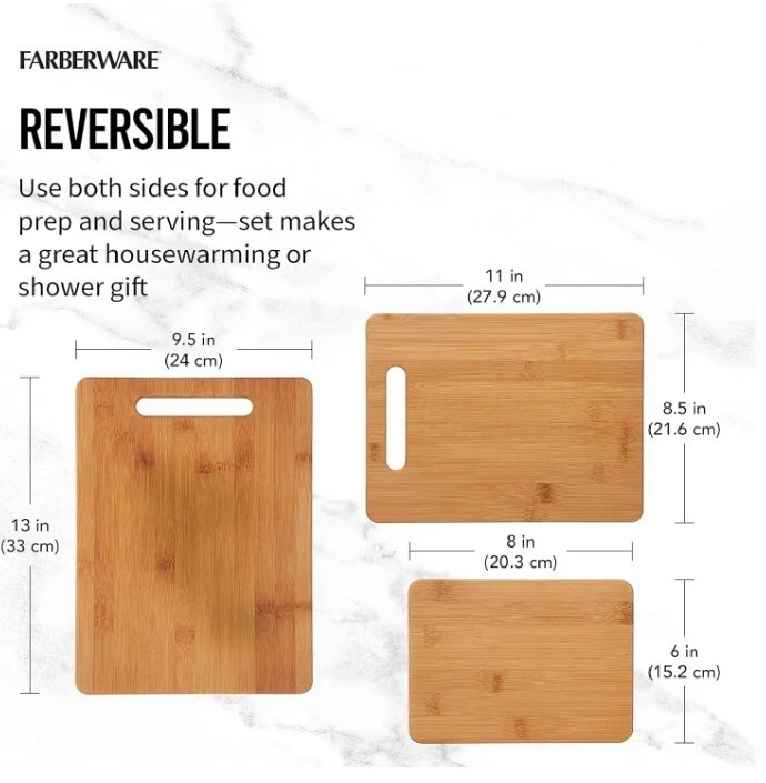 Juego de 3 tablas de cortar de bambú Farberware charcutería reversible para cortar madera Foto 3 de 4