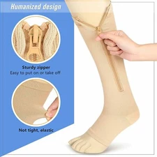 Zip-Up Compression Socks 20-30 mmHg GRADE Knee-High Unisex Leg Support NUDE S-XL