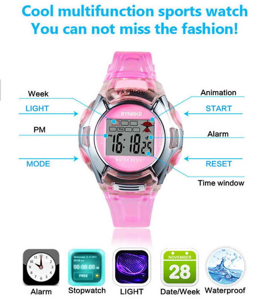 Relógios de pulso eletrônicos digitais à prova d'água masculinos meninas crianças LED esportes - Imagem 3 de 4