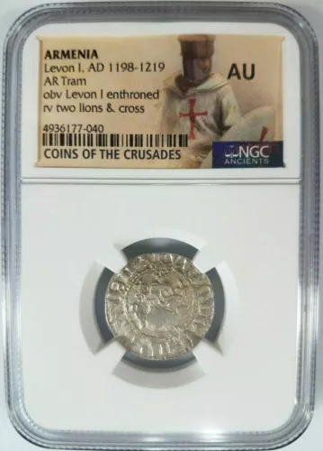Levon I Armenia NGC AU Silver Tram Medieval Knights Templar Crusader Cross Lion