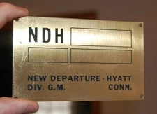 VINTAGE HYATT CT. NDH NEW DEPARTURE DIV. G.M. BRASS TAG PLAQUE BEARINGS HOTEL