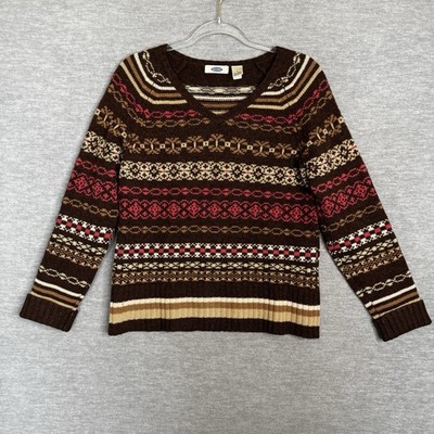 Old Navy 100% Lambswool Fair Isle Women's Sweater Medium Brown Pink Y2K 90s