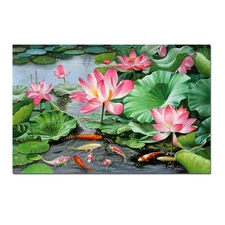 Koi Fish Pond Lotus Leaves Flowers Home Decor Wall Art Hand Painted Oil Painting